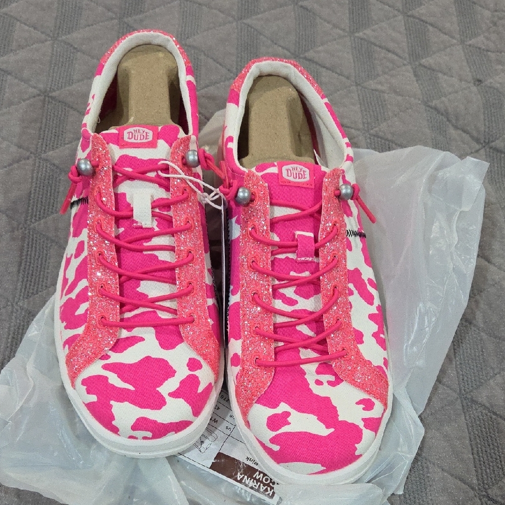 Hey Dude Women's Karina Cow Vibrant Pink and White Sneakers